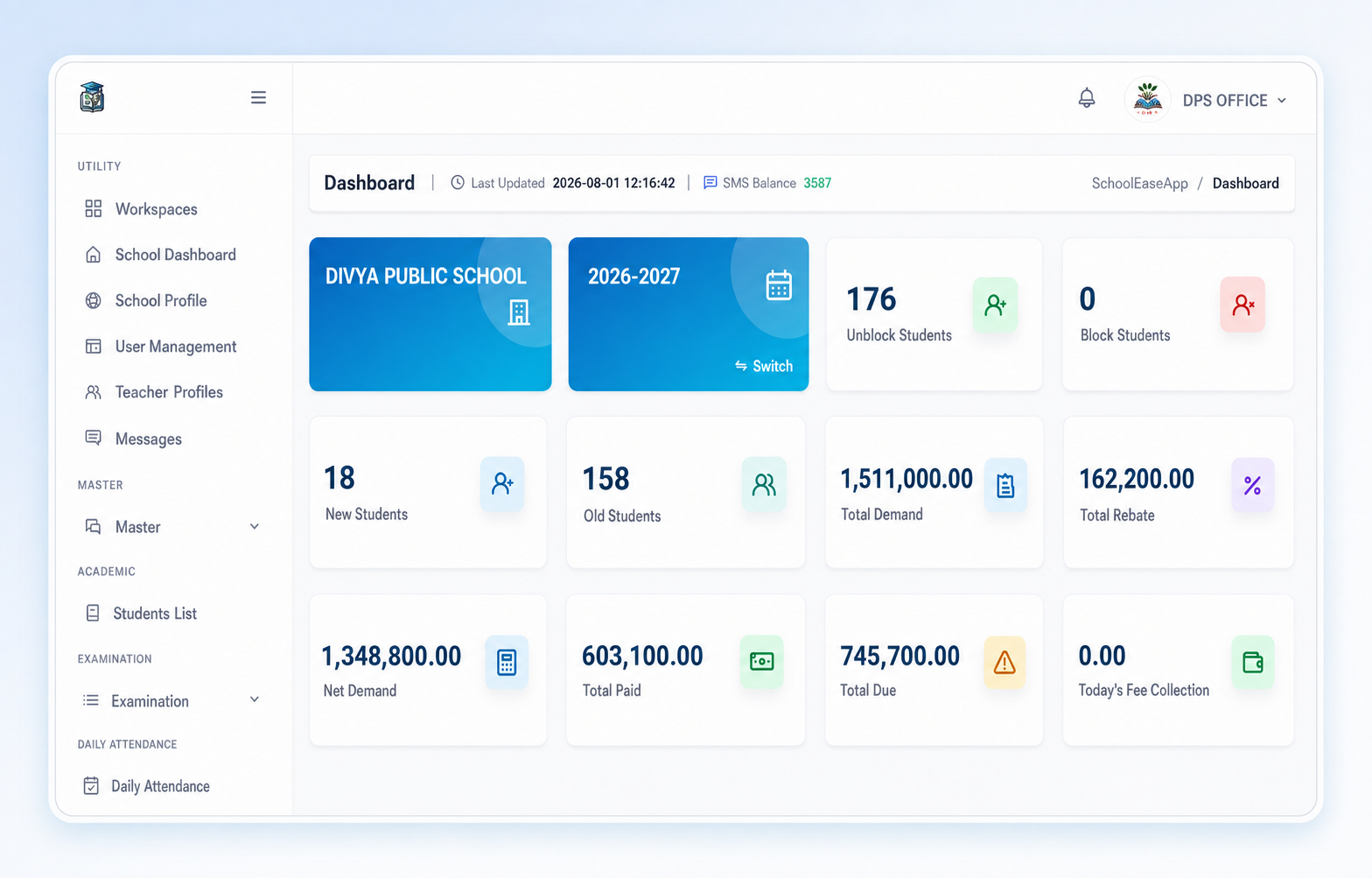 SchoolEaseApp web application dashboard